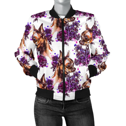 Chihuahua Purple Floral Women Casual Bomber Jacket