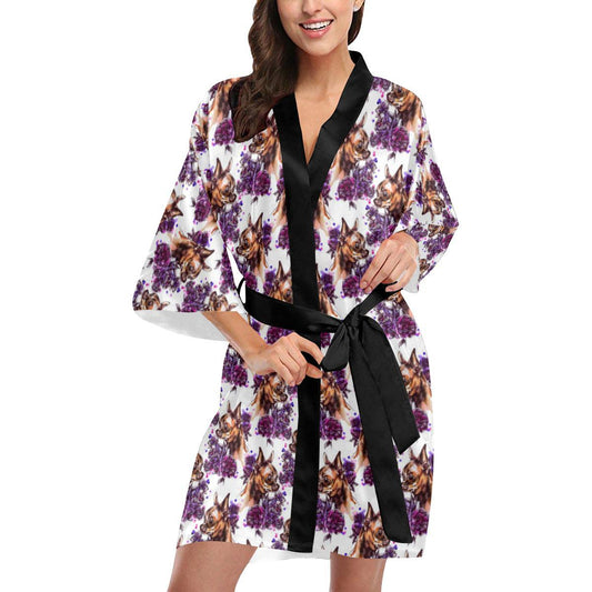 Chihuahua Purple Floral Women Short Kimono Robe