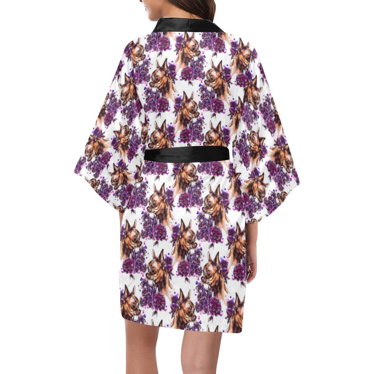 Chihuahua Purple Floral Women Short Kimono Robe