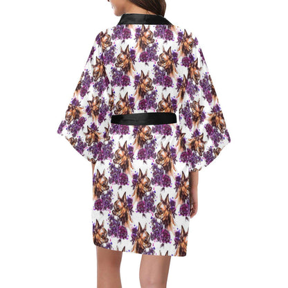 Chihuahua Purple Floral Women Short Kimono Robe