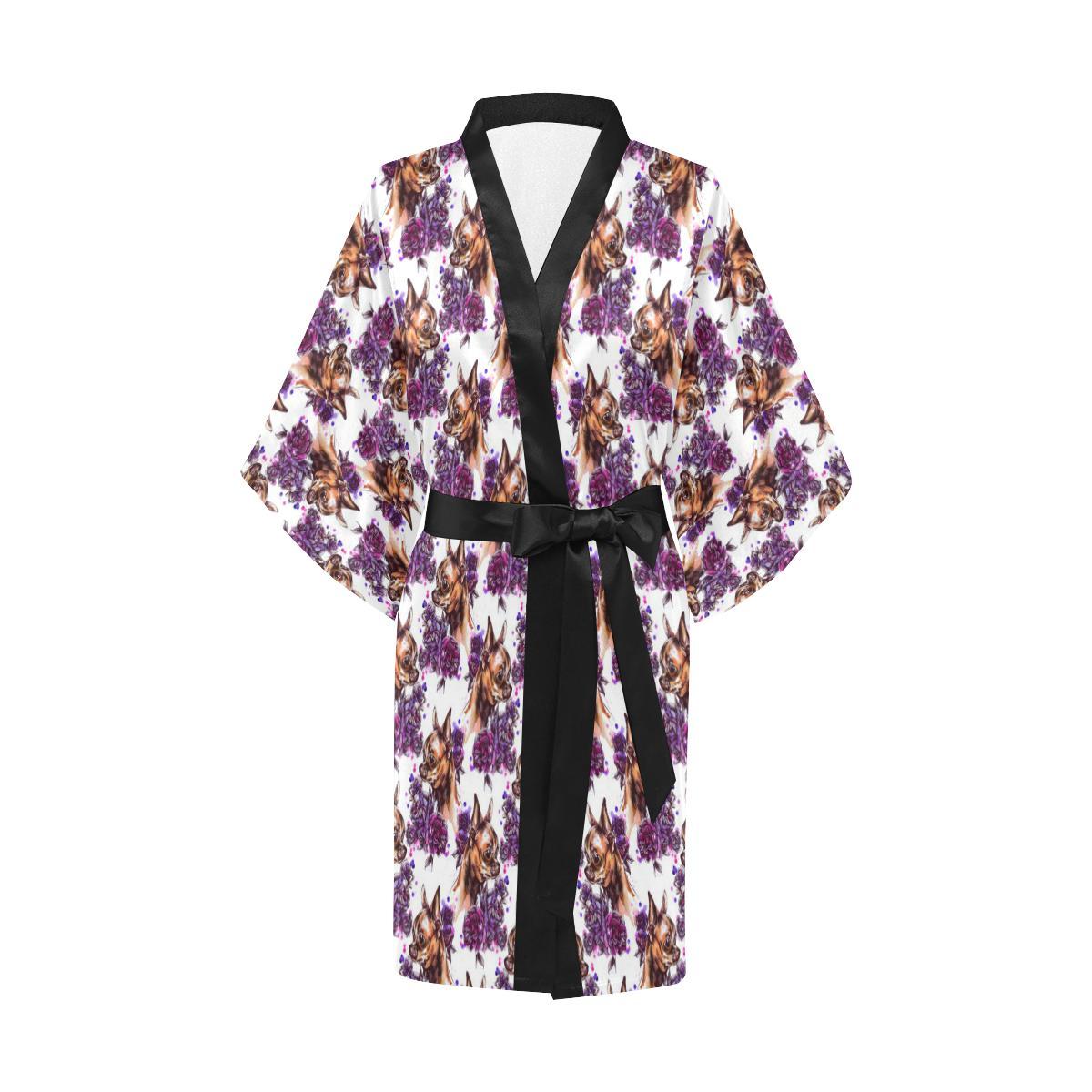 Chihuahua Purple Floral Women Short Kimono Robe