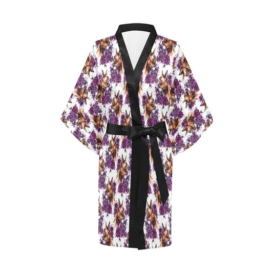 Chihuahua Purple Floral Women Short Kimono Robe