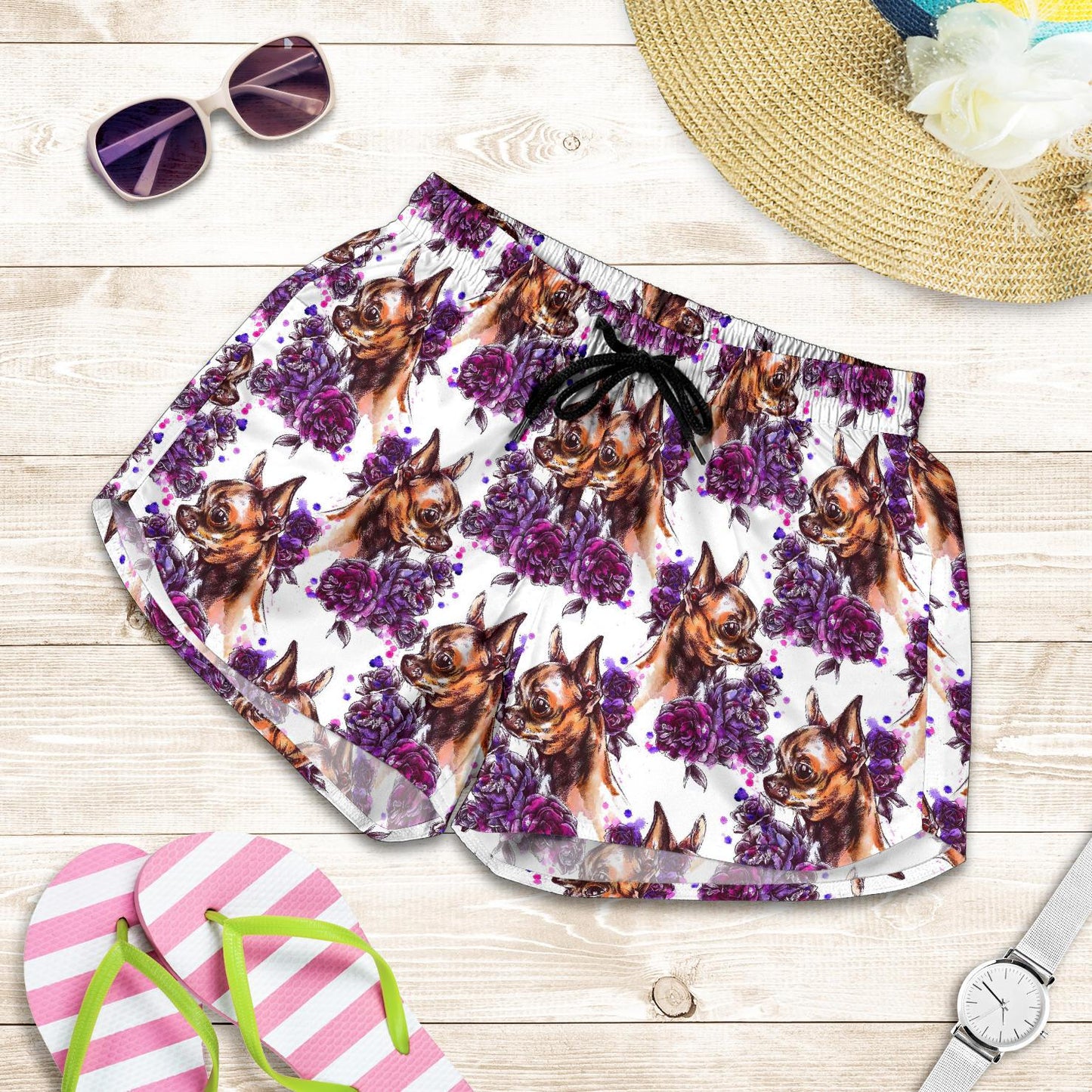 Chihuahua Purple Floral Women Shorts-JTAMIGO.COM