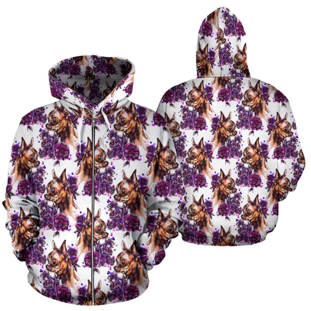 Chihuahua Purple Floral Zip Up Hoodie