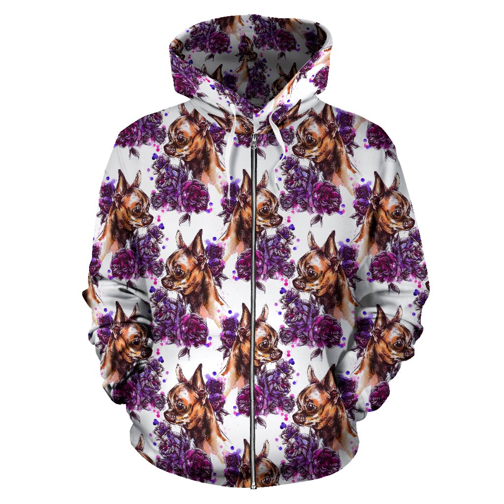 Chihuahua Purple Floral Zip Up Hoodie