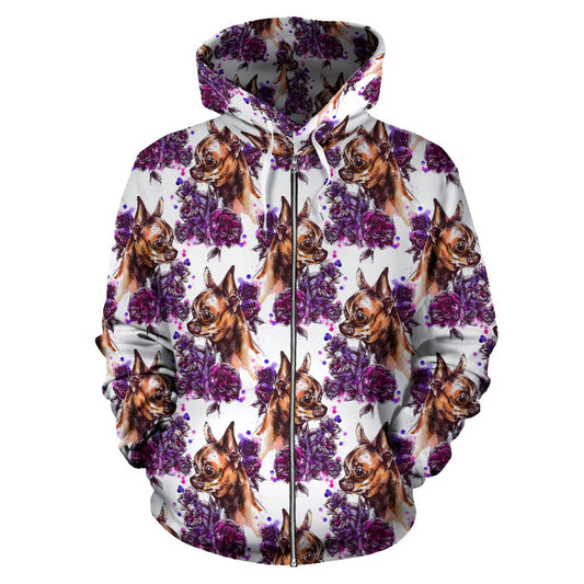Chihuahua Purple Floral Zip Up Hoodie