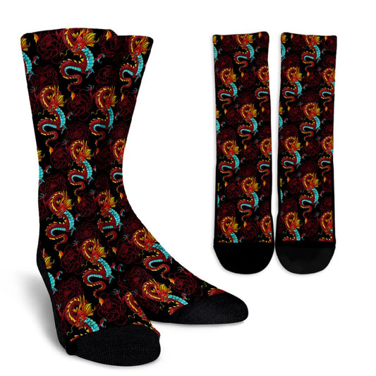 Chinese Dragons and Peonies Design Crew Socks