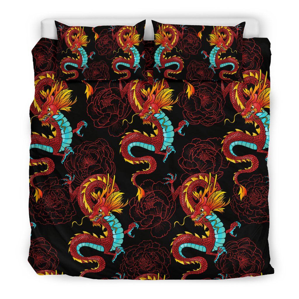 Chinese Dragons And Peonies Design Duvet Cover Bedding Set