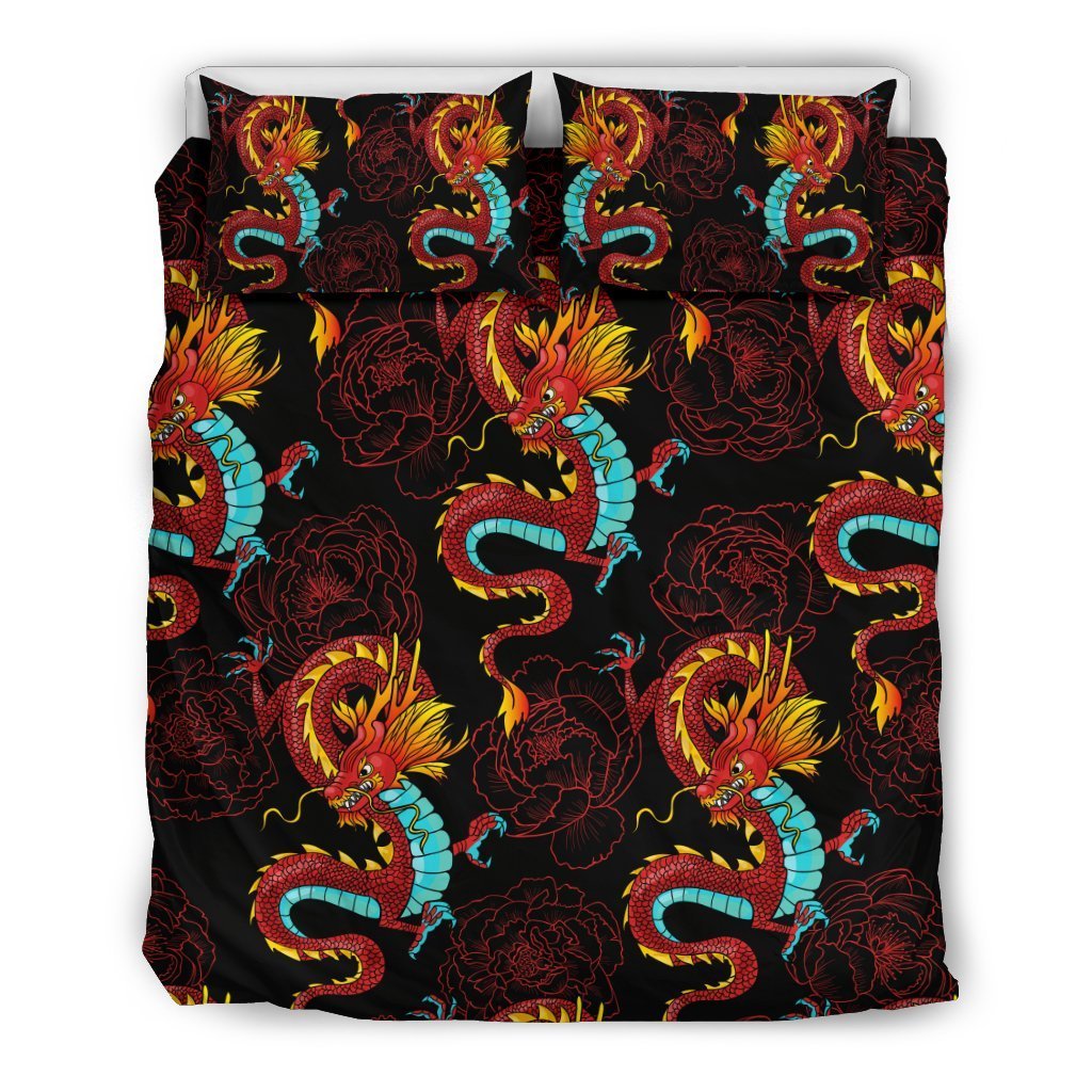 Chinese Dragons And Peonies Design Duvet Cover Bedding Set