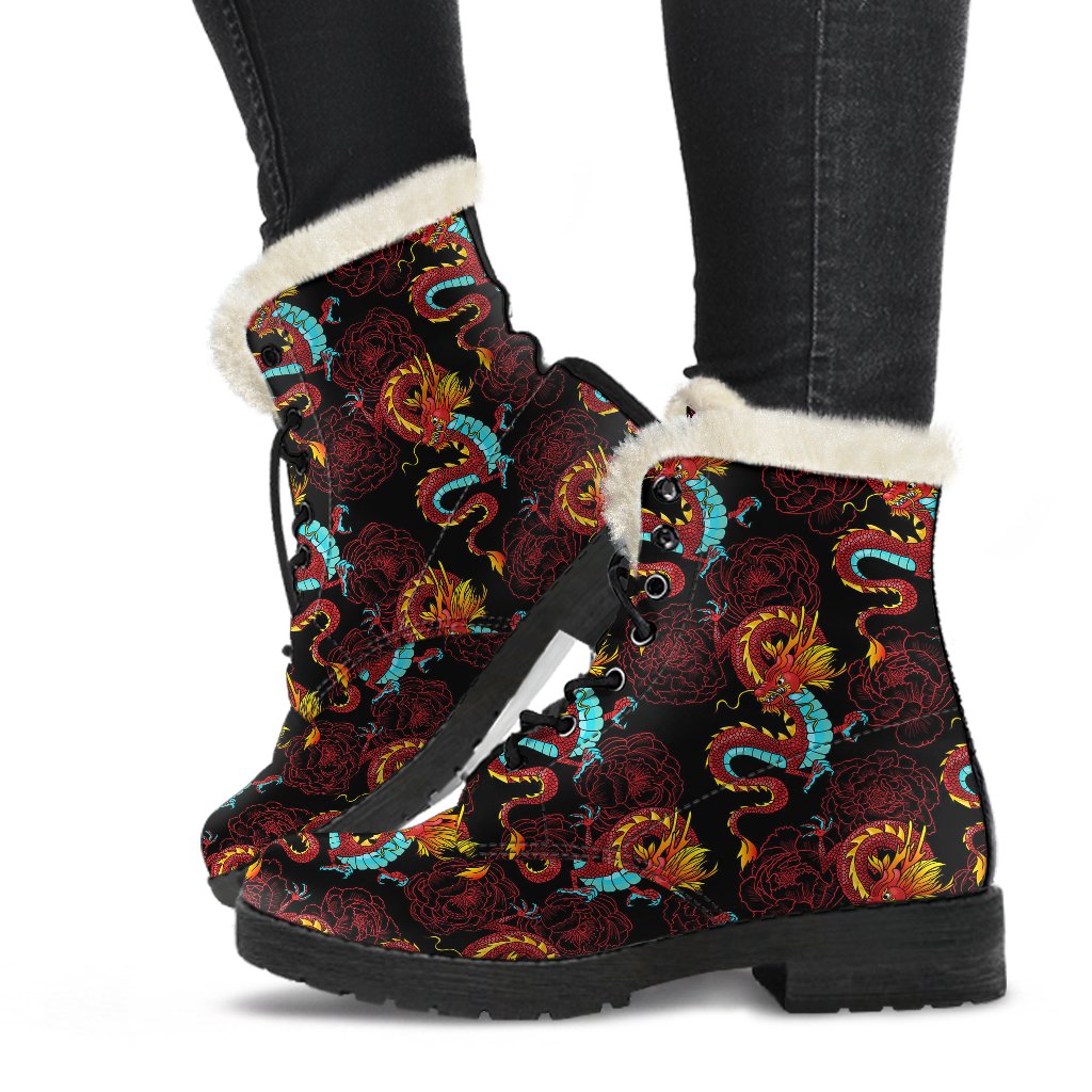 Chinese Dragons and Peonies Design Faux Fur Leather Boots-JTAMIGO.COM