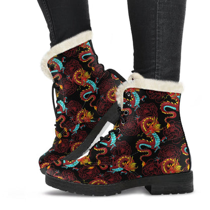 Chinese Dragons and Peonies Design Faux Fur Leather Boots-JTAMIGO.COM