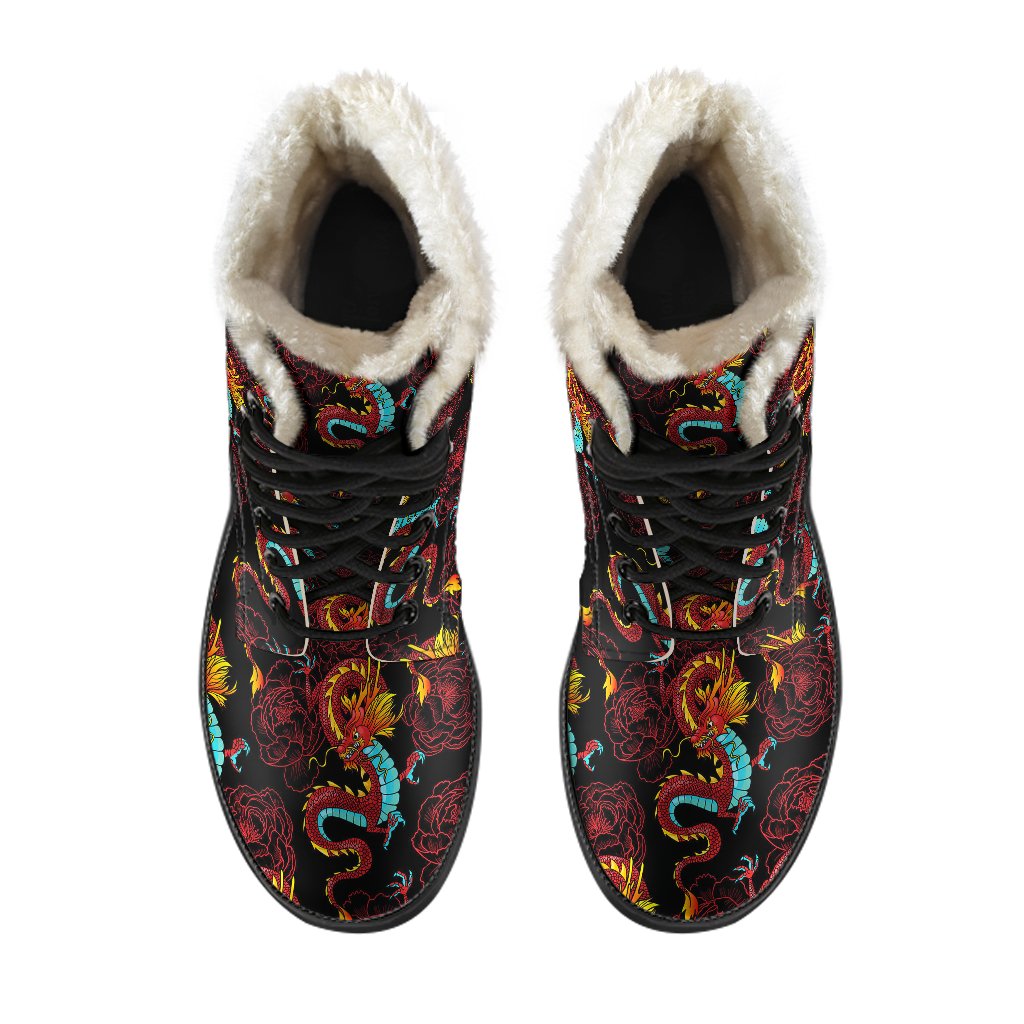 Chinese Dragons and Peonies Design Faux Fur Leather Boots-JTAMIGO.COM