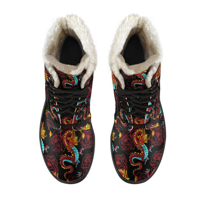 Chinese Dragons and Peonies Design Faux Fur Leather Boots-JTAMIGO.COM