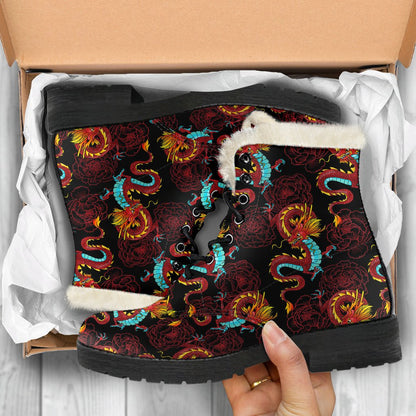 Chinese Dragons and Peonies Design Faux Fur Leather Boots-JTAMIGO.COM