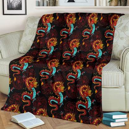 Chinese Dragons and Peonies Design Fleece Blanket