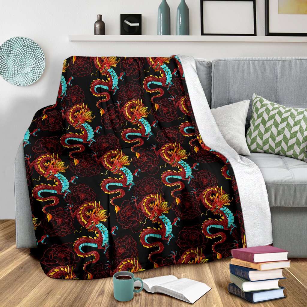 Chinese Dragons and Peonies Design Fleece Blanket