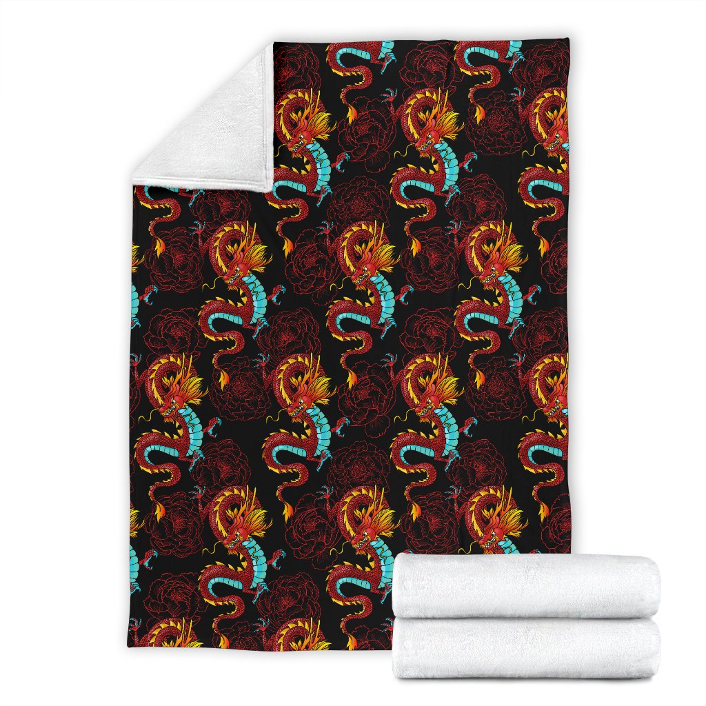 Chinese Dragons and Peonies Design Fleece Blanket