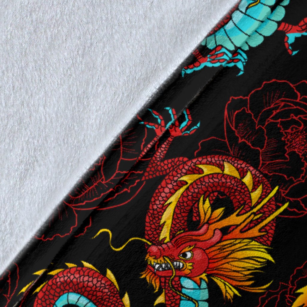 Chinese Dragons and Peonies Design Fleece Blanket