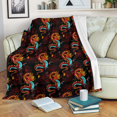 Chinese Dragons and Peonies Design Fleece Blanket