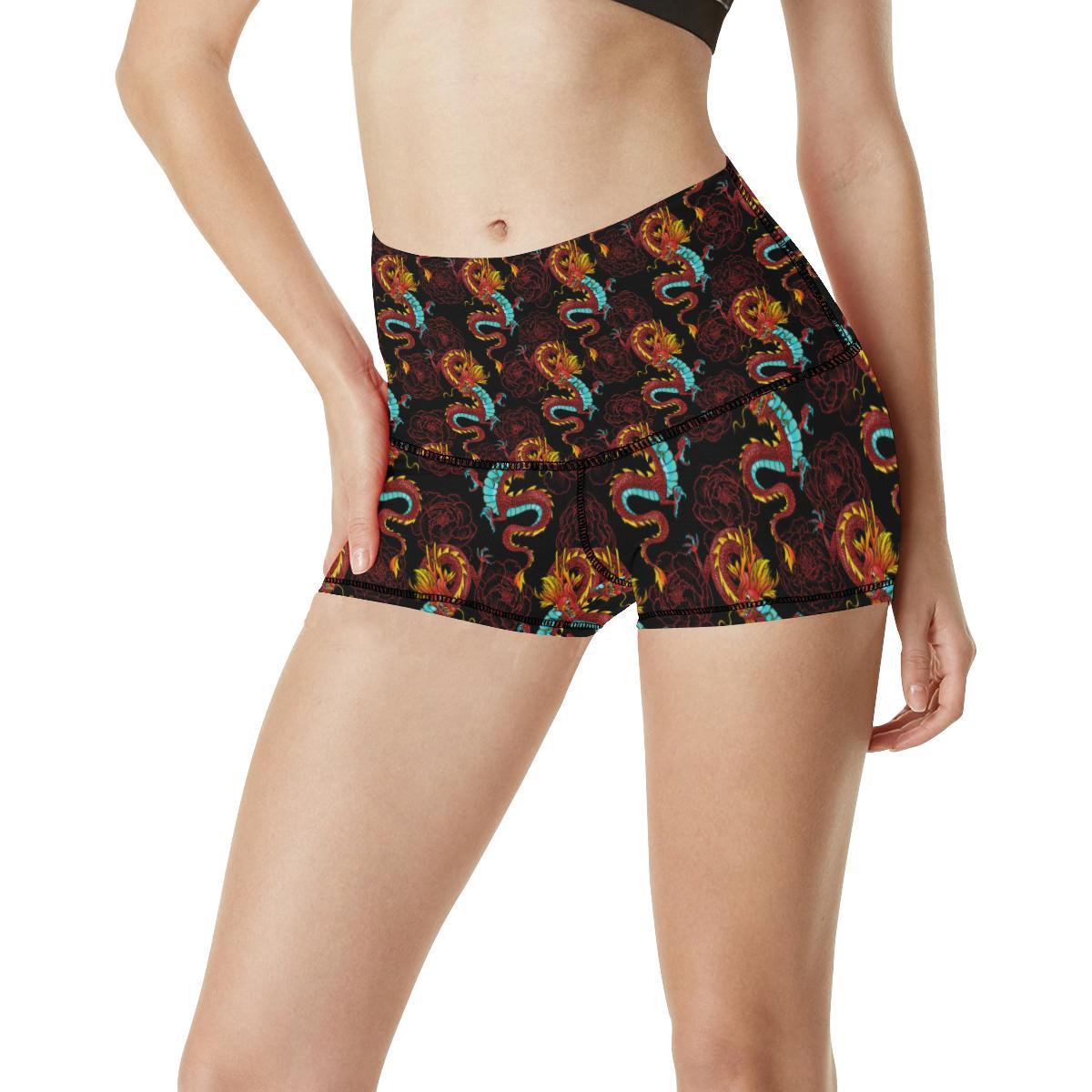 Chinese Dragons and Peonies Design High Waisted Spandex Shorts-JTAMIGO.COM