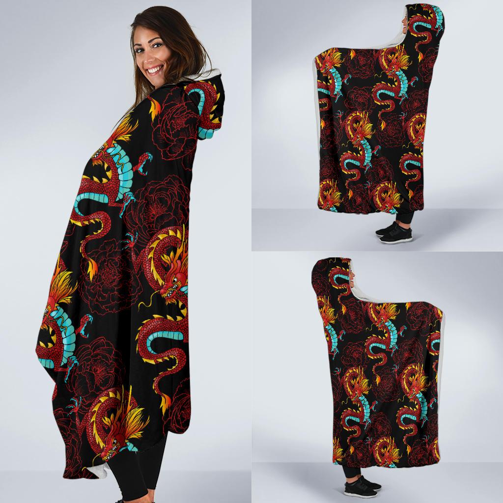 Chinese Dragons and Peonies Design Hooded Blanket-JTAMIGO.COM