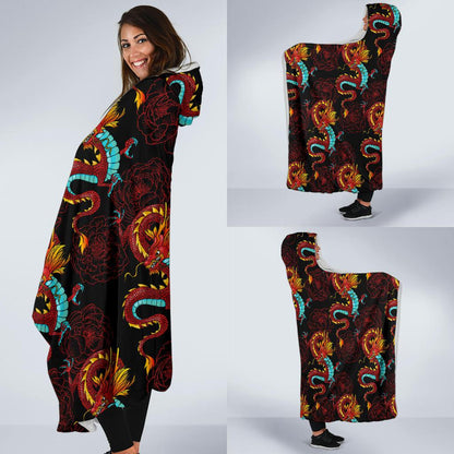 Chinese Dragons and Peonies Design Hooded Blanket-JTAMIGO.COM