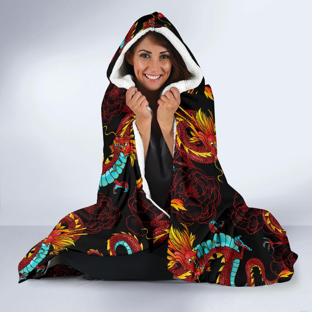 Chinese Dragons and Peonies Design Hooded Blanket-JTAMIGO.COM
