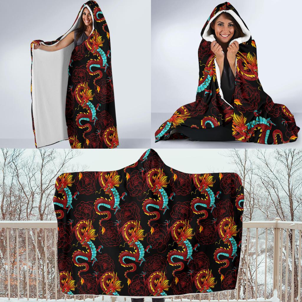 Chinese Dragons and Peonies Design Hooded Blanket-JTAMIGO.COM