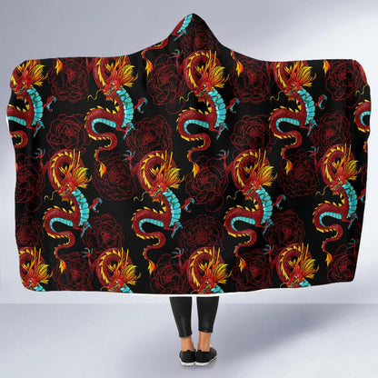 Chinese Dragons and Peonies Design Hooded Blanket-JTAMIGO.COM