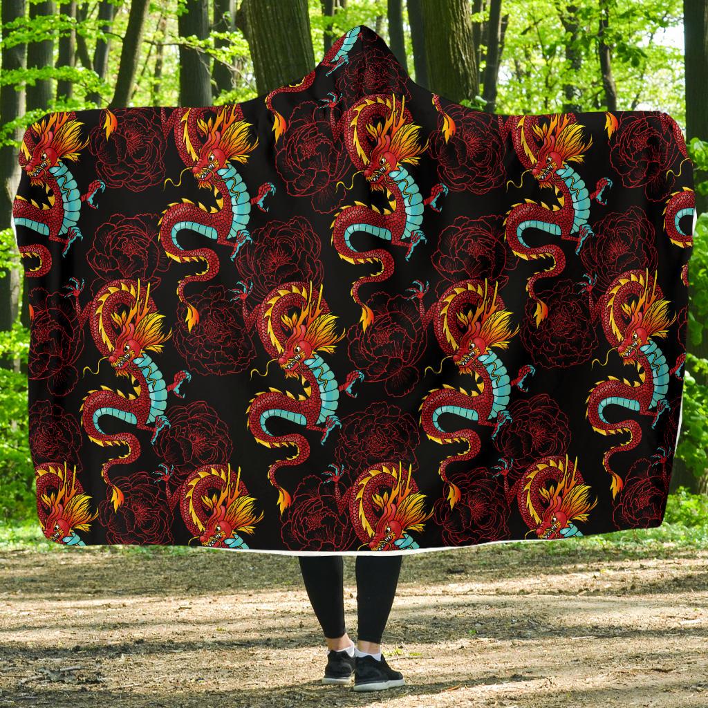 Chinese Dragons and Peonies Design Hooded Blanket-JTAMIGO.COM