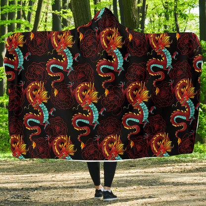 Chinese Dragons and Peonies Design Hooded Blanket-JTAMIGO.COM