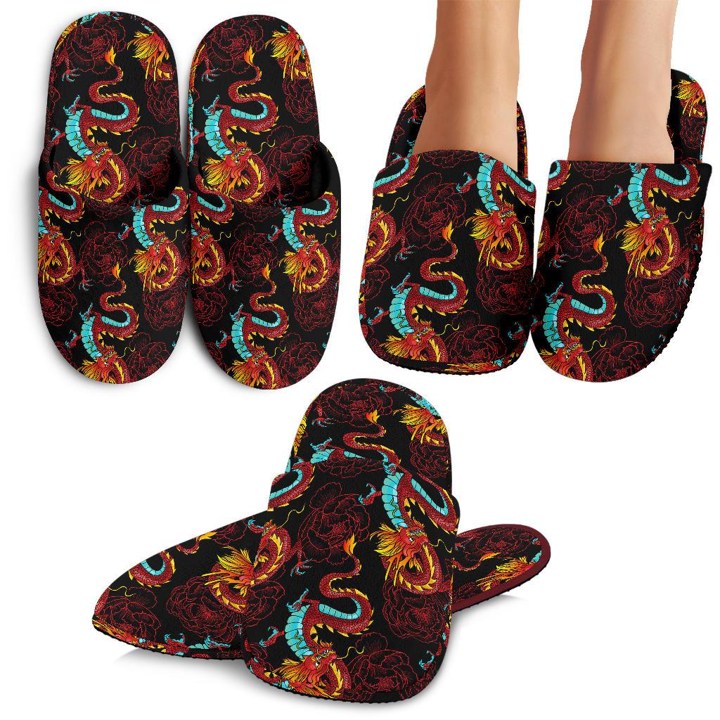 Chinese Dragons and Peonies Design House Slippers