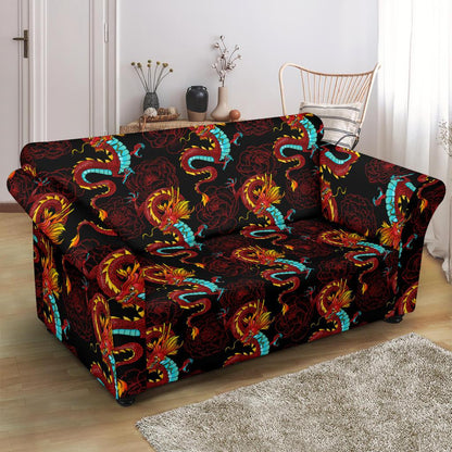 Chinese Dragons and Peonies Design Loveseat Slipcover-JTAMIGO.COM