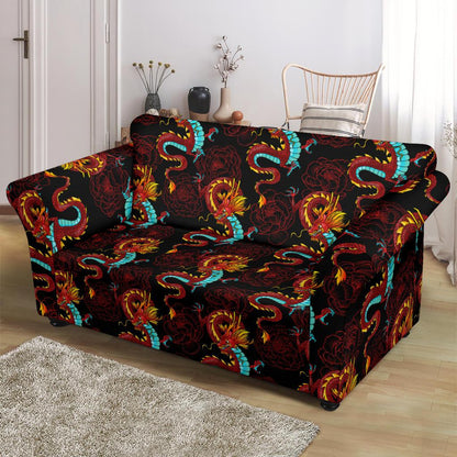 Chinese Dragons and Peonies Design Loveseat Slipcover-JTAMIGO.COM