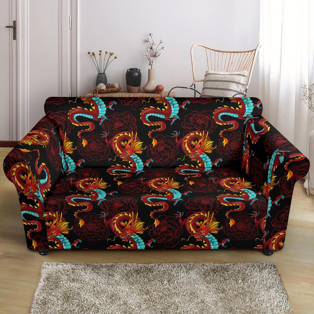 Chinese Dragons and Peonies Design Loveseat Slipcover-JTAMIGO.COM