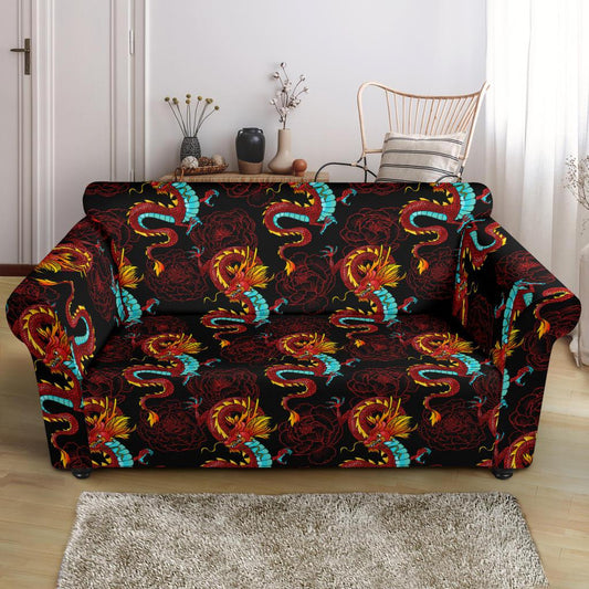 Chinese Dragons and Peonies Design Loveseat Slipcover-JTAMIGO.COM