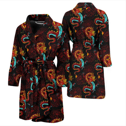 Chinese Dragons and Peonies Design Men Bath Robe-JTAMIGO.COM