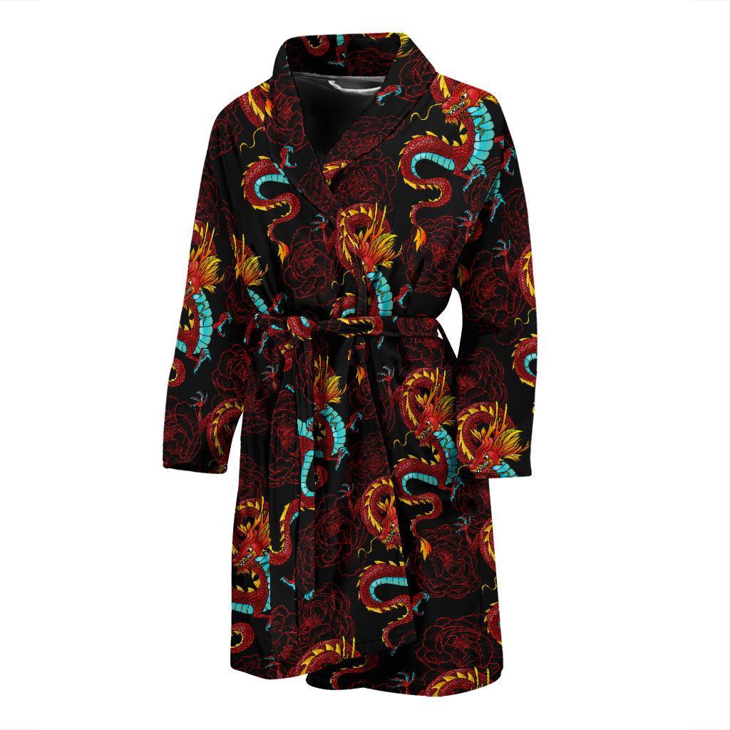 Chinese Dragons and Peonies Design Men Bath Robe-JTAMIGO.COM