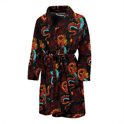 Chinese Dragons and Peonies Design Men Bath Robe-JTAMIGO.COM