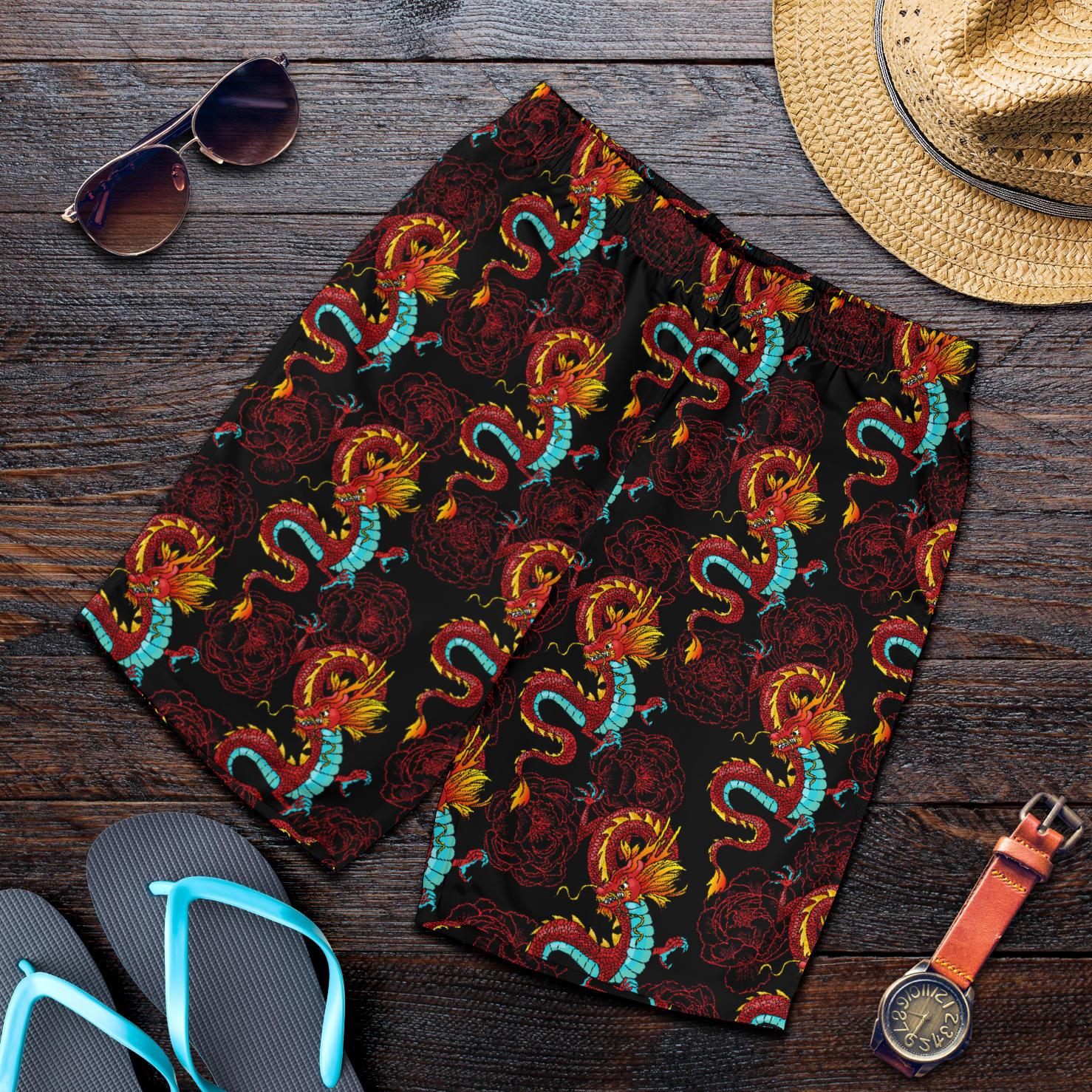 Chinese Dragons and Peonies Design Mens Shorts-JTAMIGO.COM