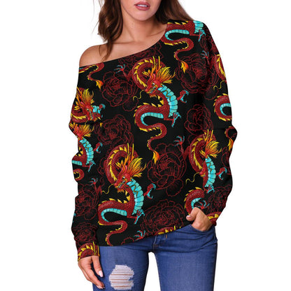 Chinese Dragons and Peonies Design Off Shoulder Sweatshirt