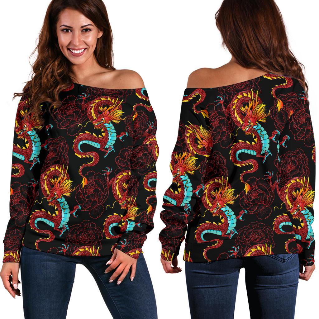 Chinese Dragons and Peonies Design Off Shoulder Sweatshirt