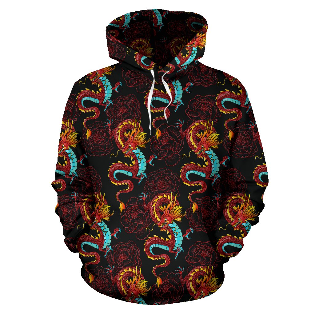 Chinese Dragons and Peonies Design Pullover Hoodie