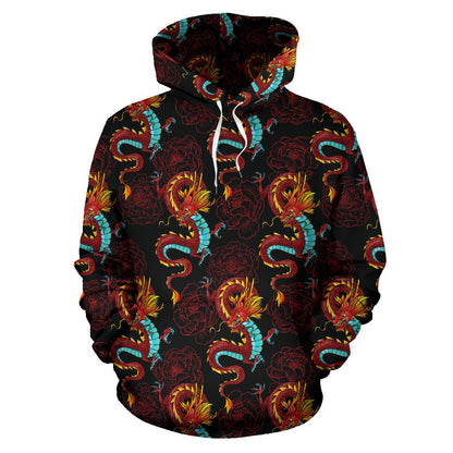 Chinese Dragons and Peonies Design Pullover Hoodie