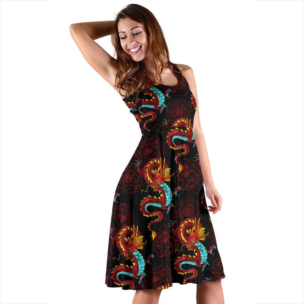 Chinese Dragons And Peonies Design Sleeveless Dress