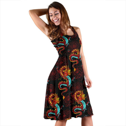 Chinese Dragons And Peonies Design Sleeveless Dress