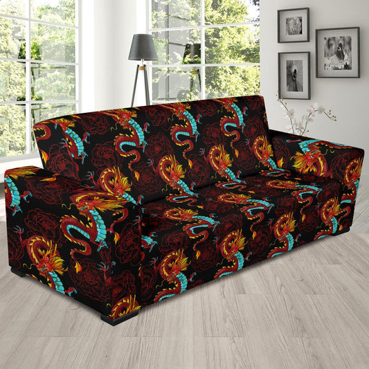 Chinese Dragons and Peonies Design Sofa Slipcover-JTAMIGO.COM