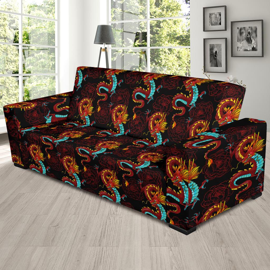 Chinese Dragons and Peonies Design Sofa Slipcover-JTAMIGO.COM