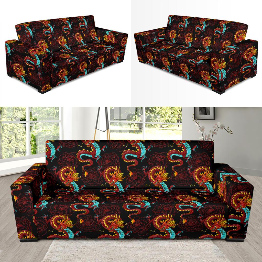 Chinese Dragons and Peonies Design Sofa Slipcover-JTAMIGO.COM