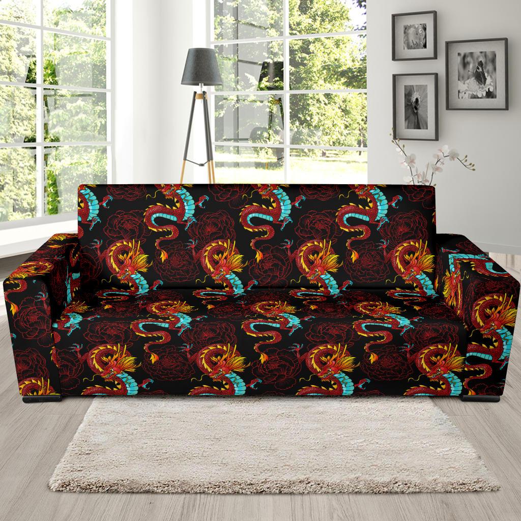 Chinese Dragons and Peonies Design Sofa Slipcover-JTAMIGO.COM